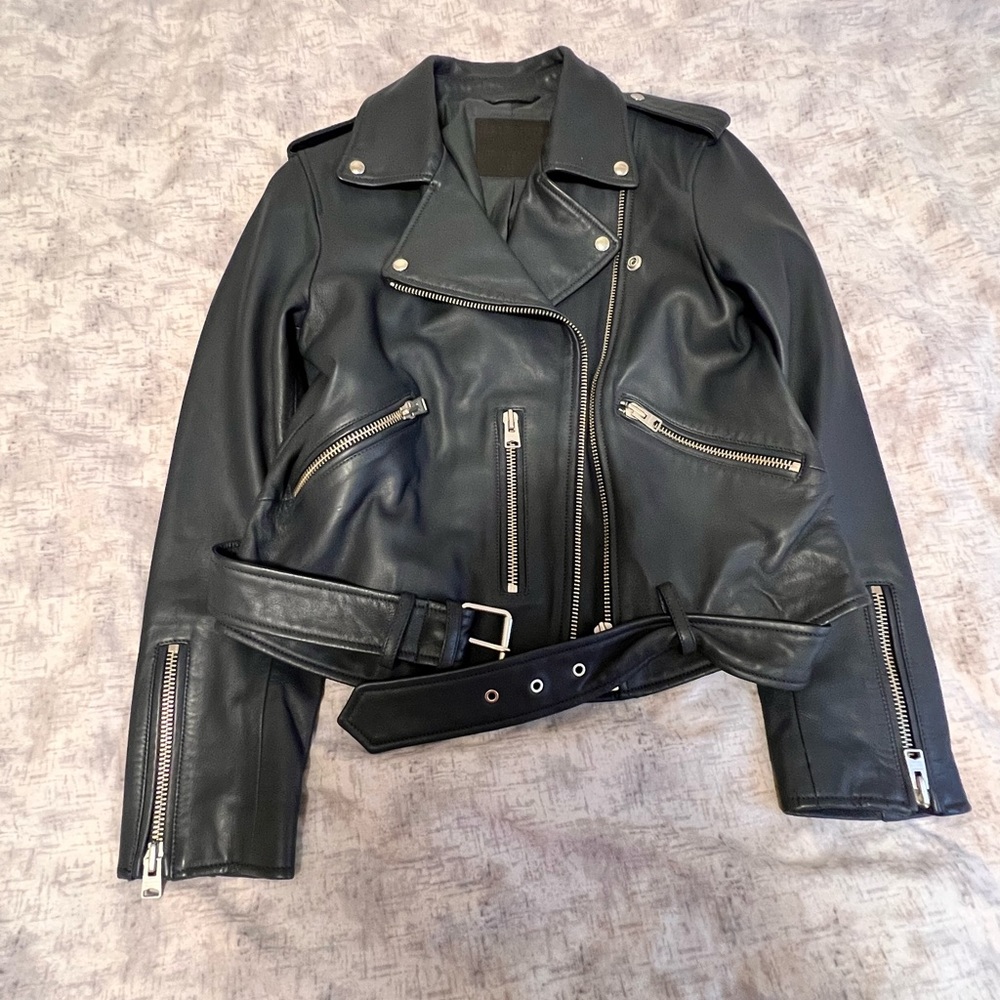 NWOT All Saints Navy Balfern Biker Leather Jacket (size 8 medium)